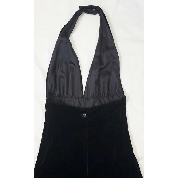 Mindy Malone Womens Rare Vintage 1970s Black Velvet Halter Wide Leg Jumpsuit